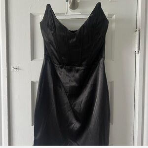 short black silky strapless dress